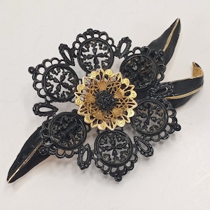 Vintage Black Enamel and Gold Tone Lace Flower and  Leaf  Brooch