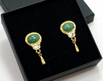 Vintage Gold Tone Green Jade Rhinestone Pierced Post Earrings