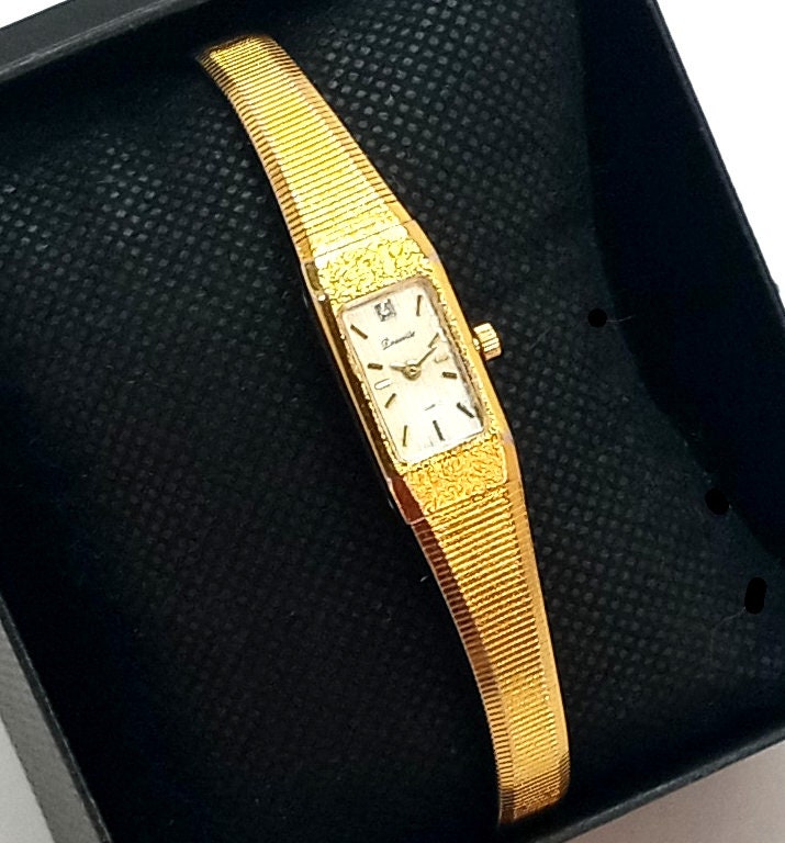 montre-bracelet à quartz Deauville vintage pour femme, ton doré, étroit, accent de cristal
