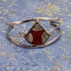 Vintage Silver Tone Mother of Pearl Inlay Enamel Mexico Open Work Cuff Bracelet