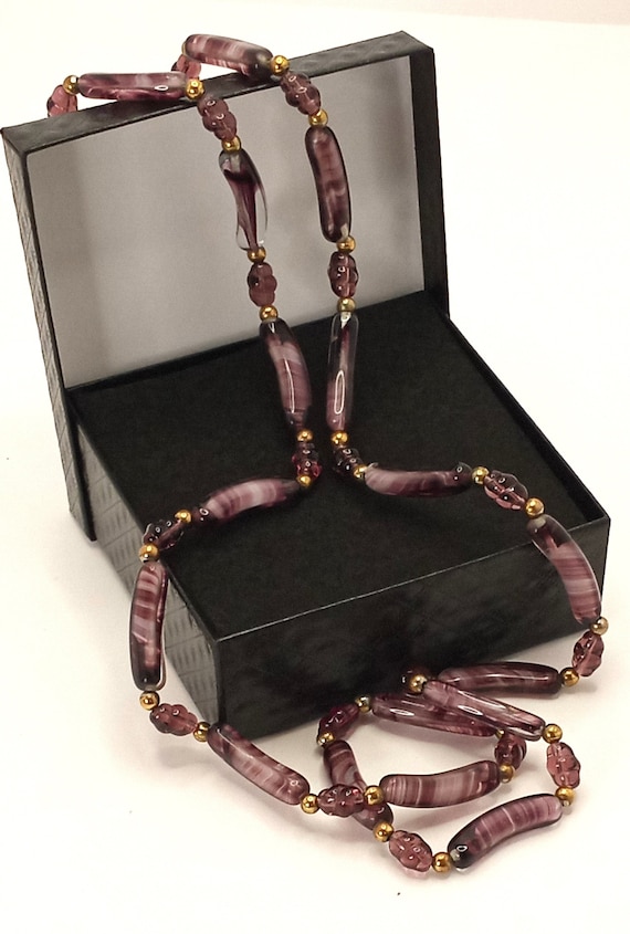Collier Vintage Années 70 - 6 Rangs De Chaînes Et Perles En Verre Mauve Violet