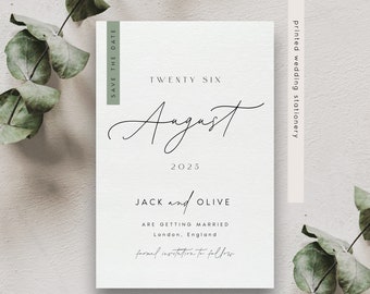 Save The Date Cards, Modern Minimalist Save The Dates With Sage Green Detailing, Stylish Save The Dates - TS12