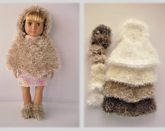 18 inch fluffy poncho and doll shoes, crochet poncho and boots, hooded poncho, light pink, pink, purple, poncho for dolls 46 cm 18 inch doll