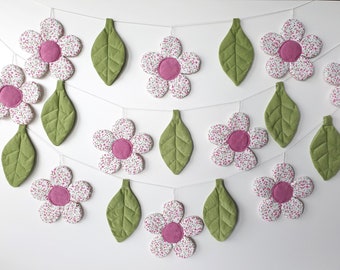 Textile garland of white and pink flowers and green leaves, spring garland, girl&#39;s room decoration, children&#39;s garden party decoration