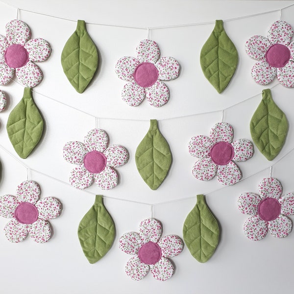 Textile garland of white and pink flowers and green leaves, spring garland, girl's room decoration, children's garden party decoration