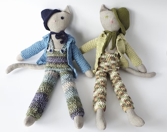Cat Boy Rag Doll: Hand-Sewn Stuffed Animal with Crochet Clothes