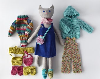 Cat doll with set of clothes, fabric doll handmade, plush cat, souvenir cat doll, gift for a child, soft toy