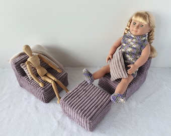 Set of soft furniture (2 armchairs + ottoman) for dolls approx 12-18 inches or stuffed animals, dollhouse furniture, doll&#39;s living room
