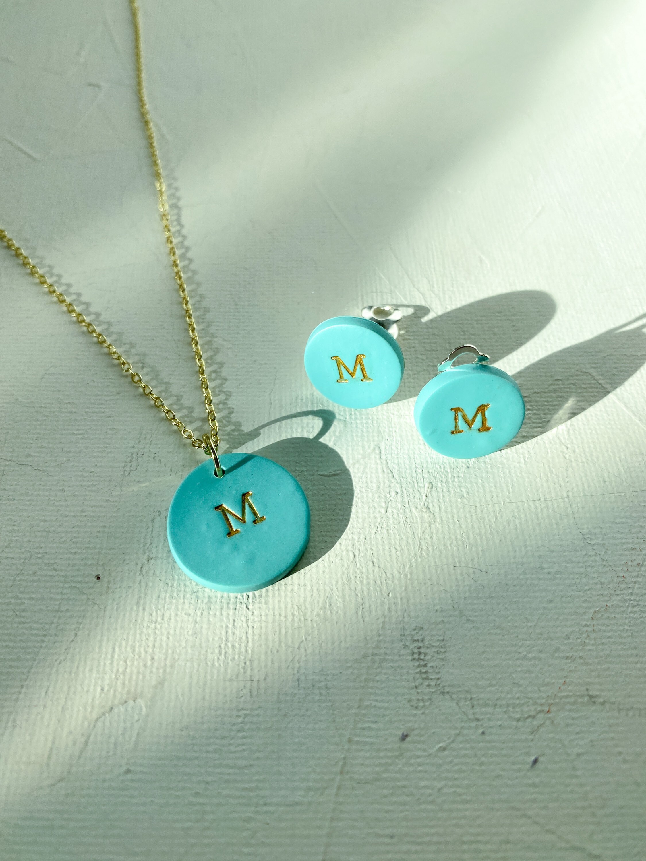 Clay Monogram Stud Earrings & Necklace Set Clip-on Available 