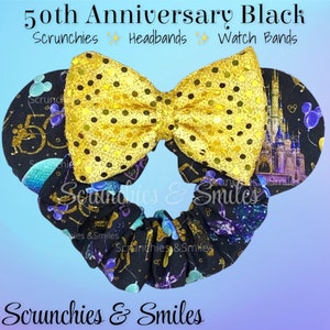 Theme Park 50th Anniversary Black, Mouse Ear Scrunchie, 50th Anniversary Scrunchie, Theme Park Ears, Knotted Headband, Scrunchie Watch Band image 1