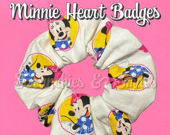 READY TO SHIP! Minnie Badges Scrunchie, Minnie Scrunchie, Minnie Valentine, Valentine’s Day  Scrunchie, Valentine’s Day Gift