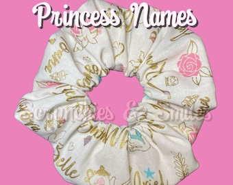 READY TO SHIP! Princess Names Scrunchie, Disney Scrunchie, Stocking Stuffer, Disney Hair Tie, Gift for Her, Gift for Disney Fan