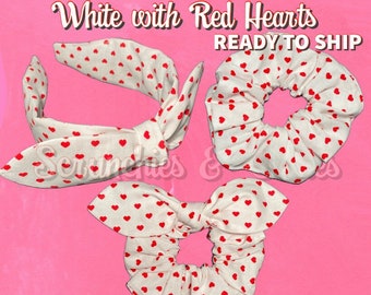 READY TO SHIP! White w/Red Hearts - Sold Separately- Valentine’s Day Scrunchie, Valentine’s Day Headband, Gift for Her, Valentine’s Day Gift