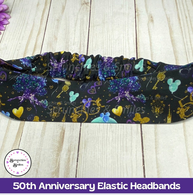 Theme Park 50th Anniversary Black, Mouse Ear Scrunchie, 50th Anniversary Scrunchie, Theme Park Ears, Knotted Headband, Scrunchie Watch Band Elastic Headband