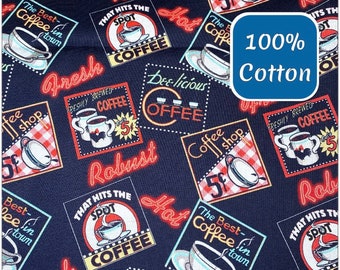 IN STOCK! Coffee Fabric, Retro Fabric, 50’s  Diner Fabric, 100% Cotton Fabric, Fabric By the Yard, Fat Quarter, Quilting Fabric