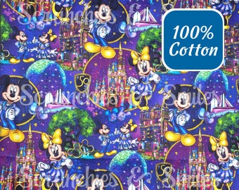 IN STOCK! WDW 50th Anniversary Mouse 100% Cotton Fabric, Disney World Fabric, Mickey Fabric, Fabric By the Yard, Fat Quarters, Quilt Fabric