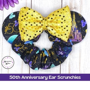 Theme Park 50th Anniversary Black, Mouse Ear Scrunchie, 50th Anniversary Scrunchie, Theme Park Ears, Knotted Headband, Scrunchie Watch Band Ear Scrunchie