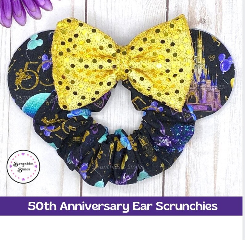 Theme Park 50th Anniversary Black, Mouse Ear Scrunchie, 50th Anniversary Scrunchie, Theme Park Ears, Knotted Headband, Scrunchie Watch Band Ear Scrunchie