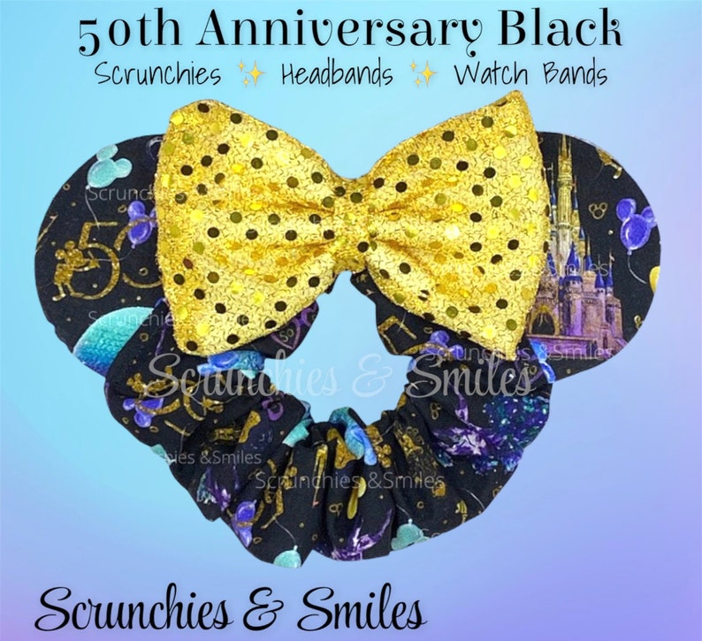 Theme Park 50th Anniversary Black, Mouse Ear Scrunchie, 50th Anniversary Scrunchie, Theme Park Ears, Knotted Headband, Scrunchie Watch Band image 1