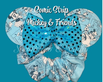 READY TO SHIP! Comic Strip Mickey & Friends Ear Scrunchie, Mickey Scrunchie, Minnie Ears, Mickey, Minnie, Goofy, Donald, Pluto, Gift for Her