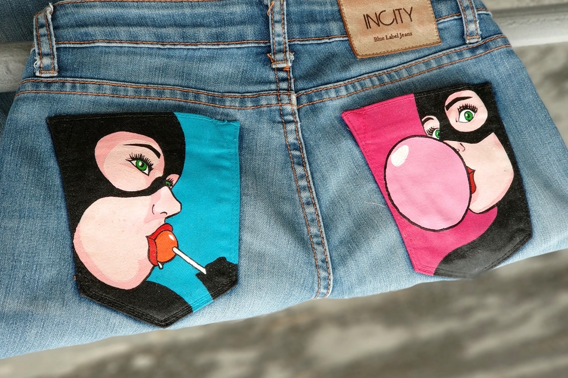 Handpainted jeans. Pop art pockets. Custommade jeans with a Etsy