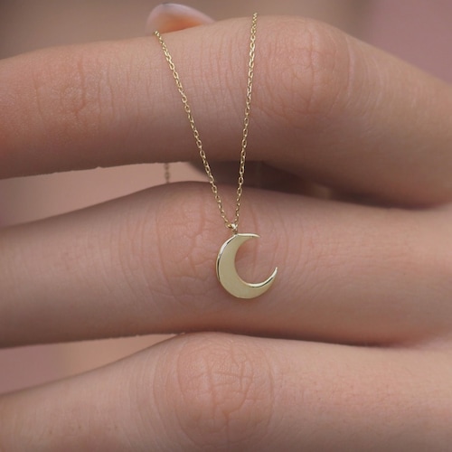 Solid 14k Gold Moon Necklace Simple Minimalist Gold Crescent Etsy