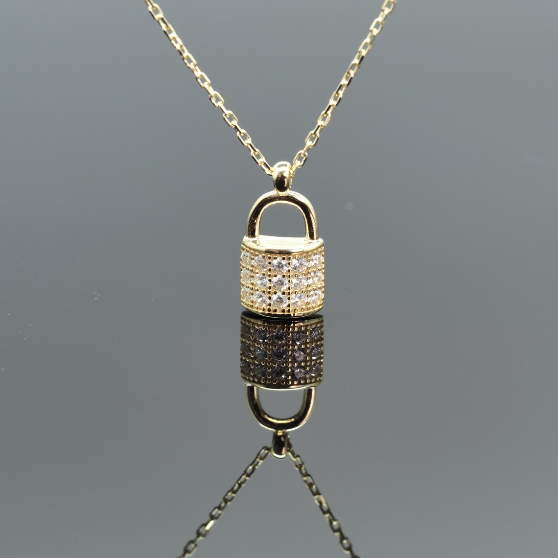 14K Solid Gold Mini Lock Pendant with Cubic Zirconia / Real Etsy