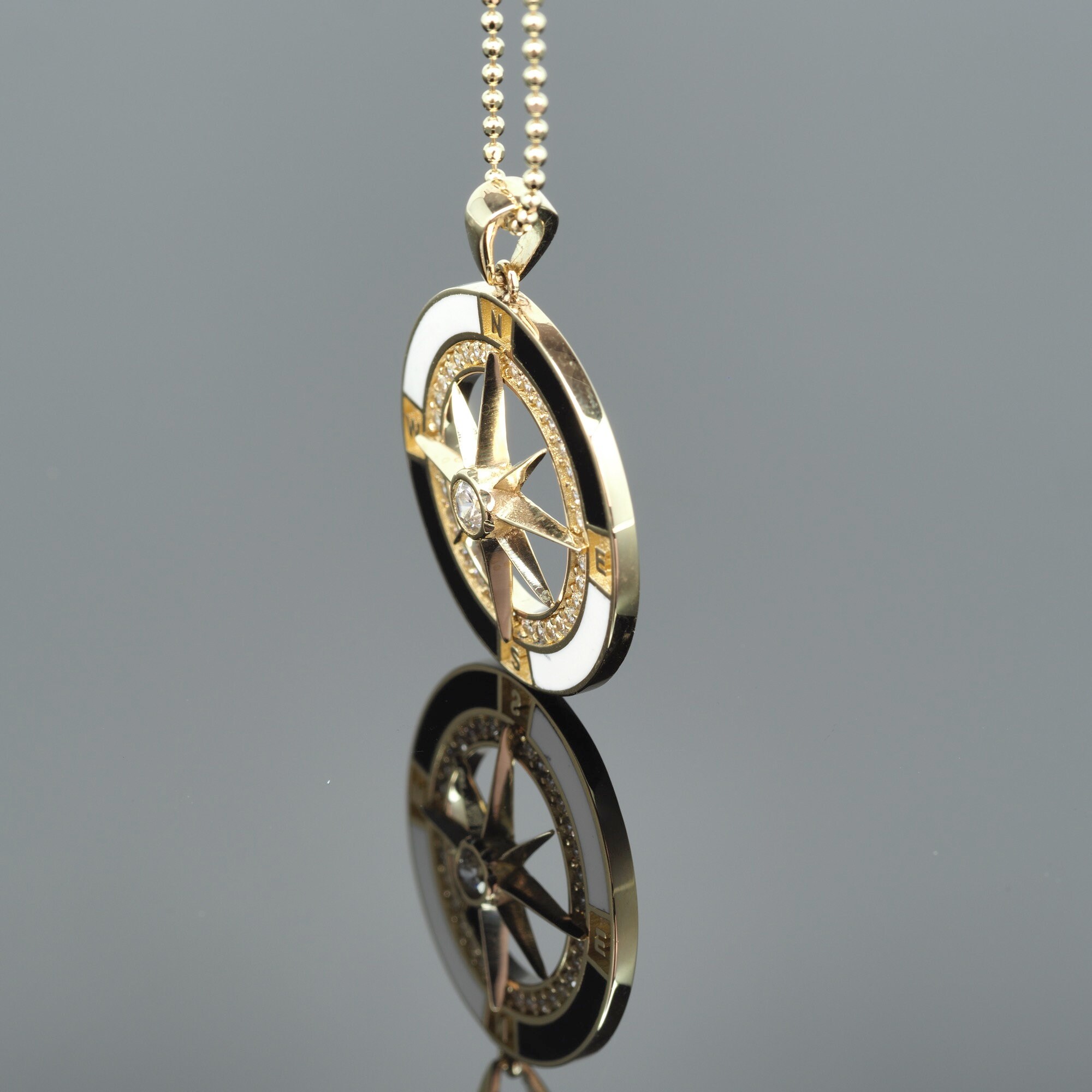 14K Solid Gold Compass Pendant / Real Gold Necklace with Cubic Etsy
