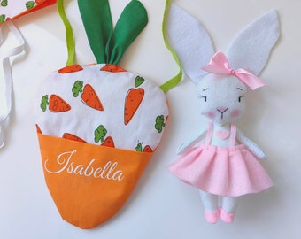 Felt Bunny and Carrot bed & bag, Felt bunny with fabric carrot sleeping bag, personalized name kid, Easter Fabric Carrot and Crown