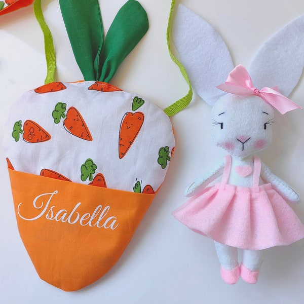 Lit et sac en feutre pour lapin et carotte, lapin en feutre avec sac de couchage carotte en tissu, prénom personnalisé enfant, carotte et couronne en tissu de Pâques