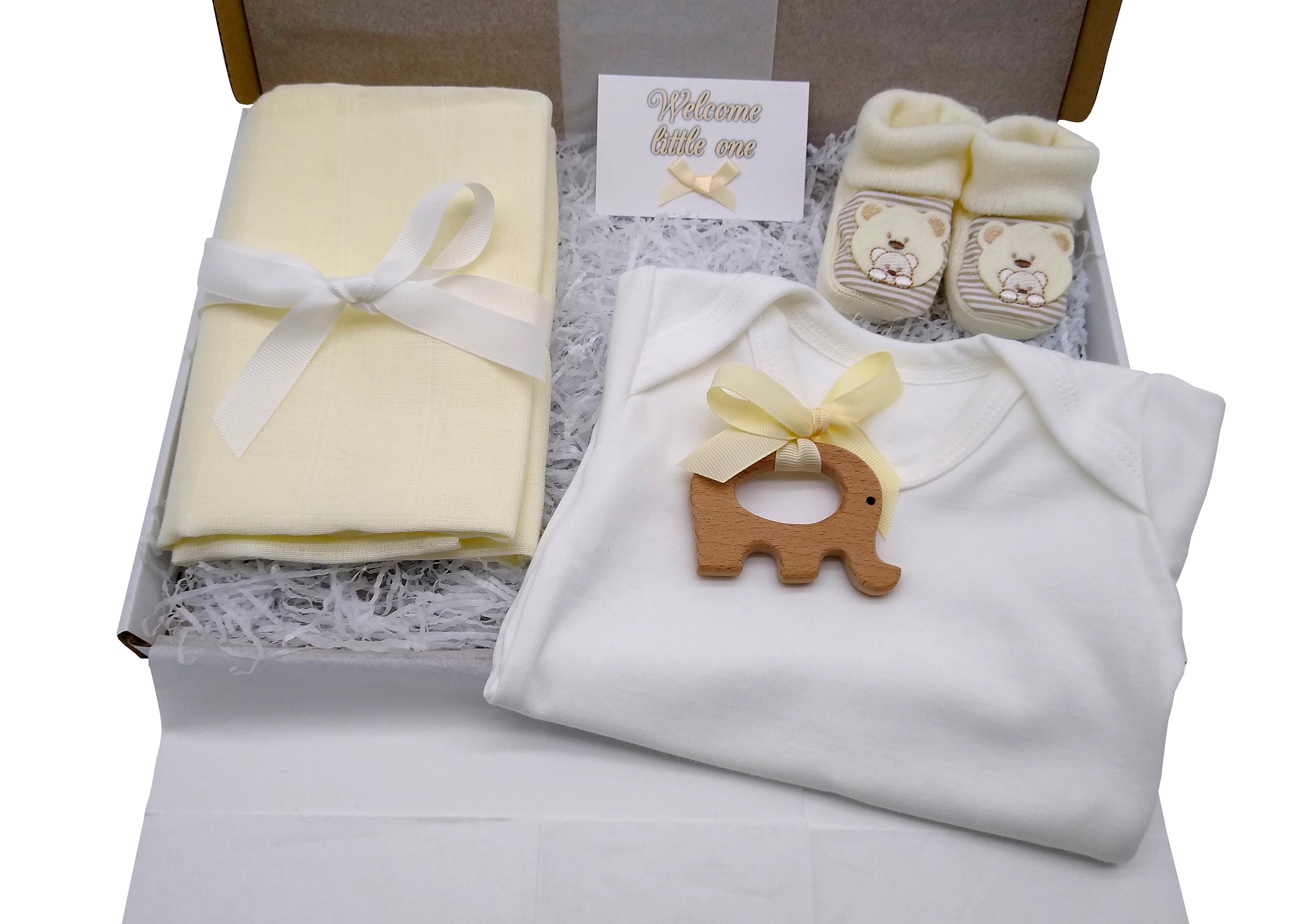 Baby Gift With Wooden Elephant Teether Booties Bodysuit & - Etsy UK