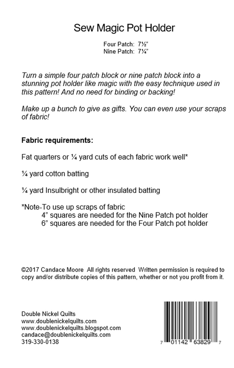 Sew Magic Pot Holder Digital Download Pattern DNQ129 Etsy
