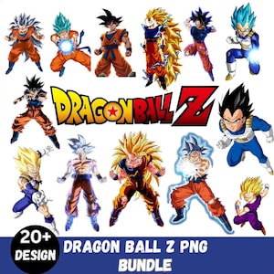 Puede incluir: Una colección de diseños PNG de Dragon Ball Z con varios personajes en poses dinámicas. La imagen incluye el logotipo de Dragon Ball Z y el texto "20+ DESIGN" y "DRAGON BALL Z PNG BUNDLE". Los personajes están en colores vibrantes.