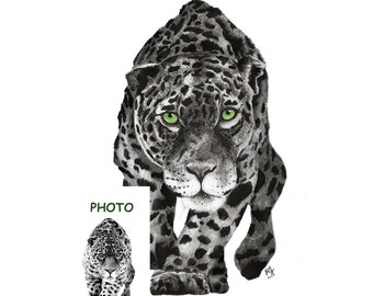 Disegno realistico, illustrazione animale personalizzabile fatto a mano su carta con carboncino, pastelli Carbothello e inchiostro; regalo.