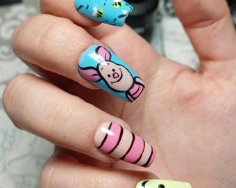 Winnie de Pooh plaknagels, kawaii, handgeschilderd, geel en blauw, Knorretje