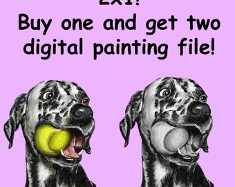 Digitale download van Dalmatische hond met bal, afdrukbare illustratie, zwart-wit en kleur, hoge resolutie