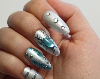 Plaknagels Fairy Tail, Y2K, aangepaste maat, 14 nagels, handgemaakt, parelmoer, spiegeleffect, wit en blauw