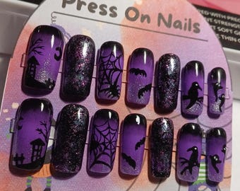Lange nepnagels, plaknagels Halloween paars, zwart en lila glitter
