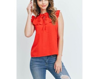 cotton ruffle shoulder light red stripes thin flutter sleeve v neck Vintage summer blouse sleeveless