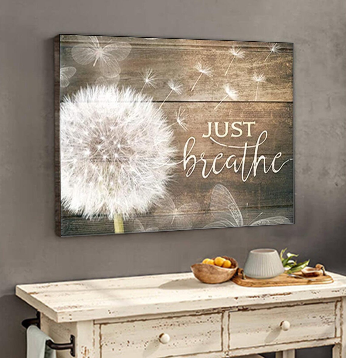 Wall art Just Breathe Dandelion and Butterfly Decor Canvas Etsy