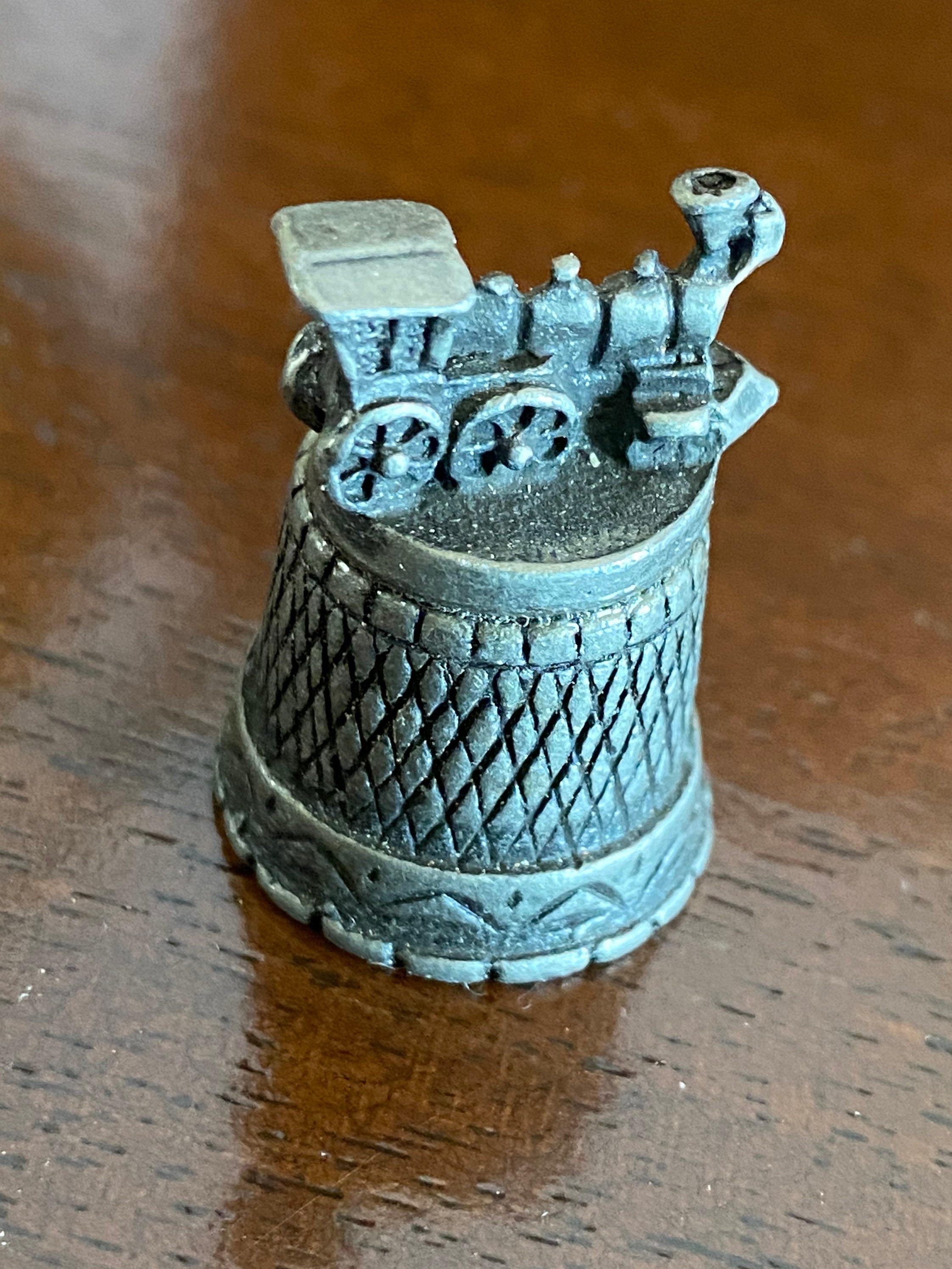 Pewter thimble with train on top Etsy
