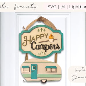 Happy Camper Laser Cut Sign Cut File Two Piece Set | Camper Decor RV Camper Gifts | RV decor Craft file Lightburn Download | Glowforge Ready