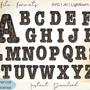 May include: A set of uppercase letters A through Z in a black font with a leopard print pattern. The letters are isolated on a white background. The text "file formats SVG | .AI | Lightburn" is at the top of the image. The text "Commercial Use License" is at the bottom left of the image. The text "Instant Download" is at the bottom right of the image.