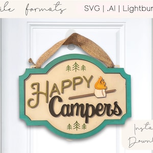 Happy Campers Laser Cut Sign: RV Decor, Camping Craft File (SVG, AI, LBRN2 Download)