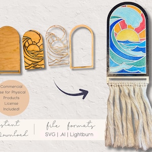 May include: A wooden wall hanging with a colorful stained-glass design of a sunset over ocean waves. The design is framed in black and has a macrame fringe. Also shown are wooden cutouts of the design. Text on the image reads "Instant Download" and "file formats SVG .AI | Lightburn".