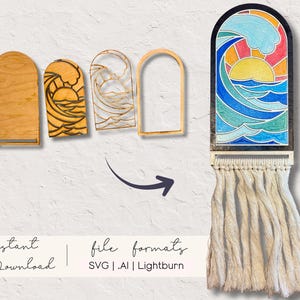 May include: A wooden wall hanging with a stained glass design of a wave and sun. The design is in shades of blue, yellow, orange, and red. The wall hanging has a macrame fringe. The image also shows the design in different stages.