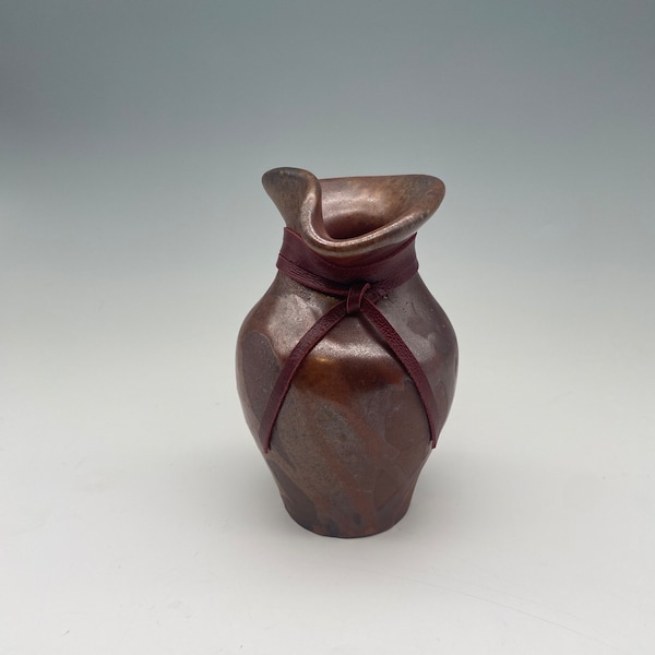 Wood Fired Curly vase with leather lacing