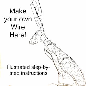 Könnte beinhalten: Eine Draht-Skulptur eines Hasen, hergestellt aus Maschendraht, mit dem Text "Make your own Wire Hare! Illustrated step-by-step instructions" darunter.