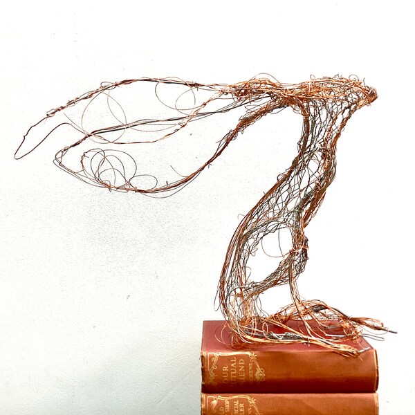 EASTER Copper Wire Hare Sculpture, moongazer (Original Art), Graceful, Sculptural Drawing. bookshelf, garden, mantelpiece. Spring Rabbit