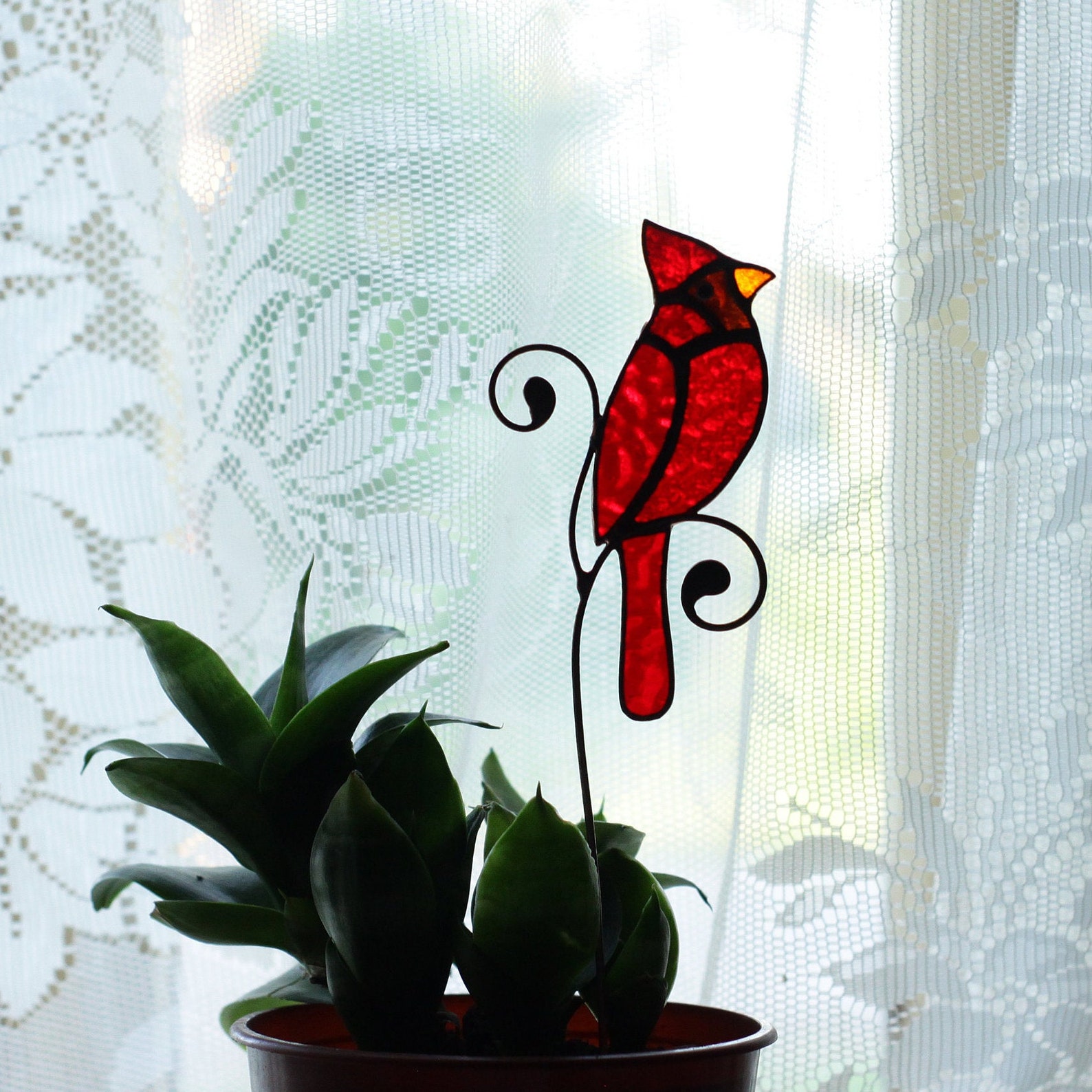 Stained glass bird plant stake red cardinal garden decor Etsy